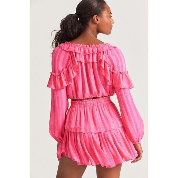LoveShackFancy Ruffle Popover Top Women's Size XS Watermelon Ice Pink Cropped - Picture 2 of 8